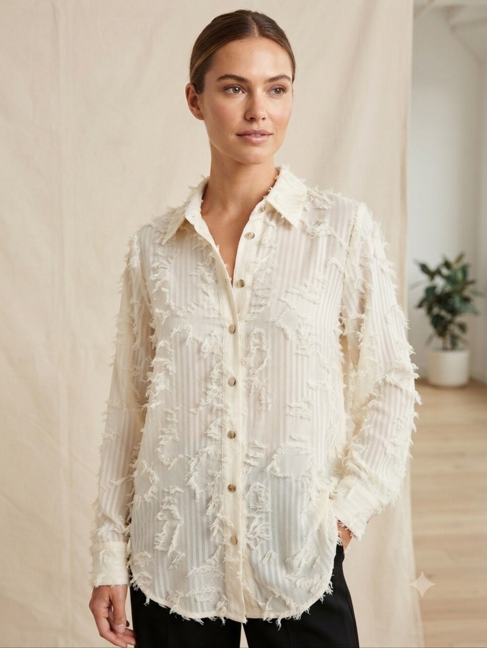 Anne Klein Ivory Frayed-Trim Blouse